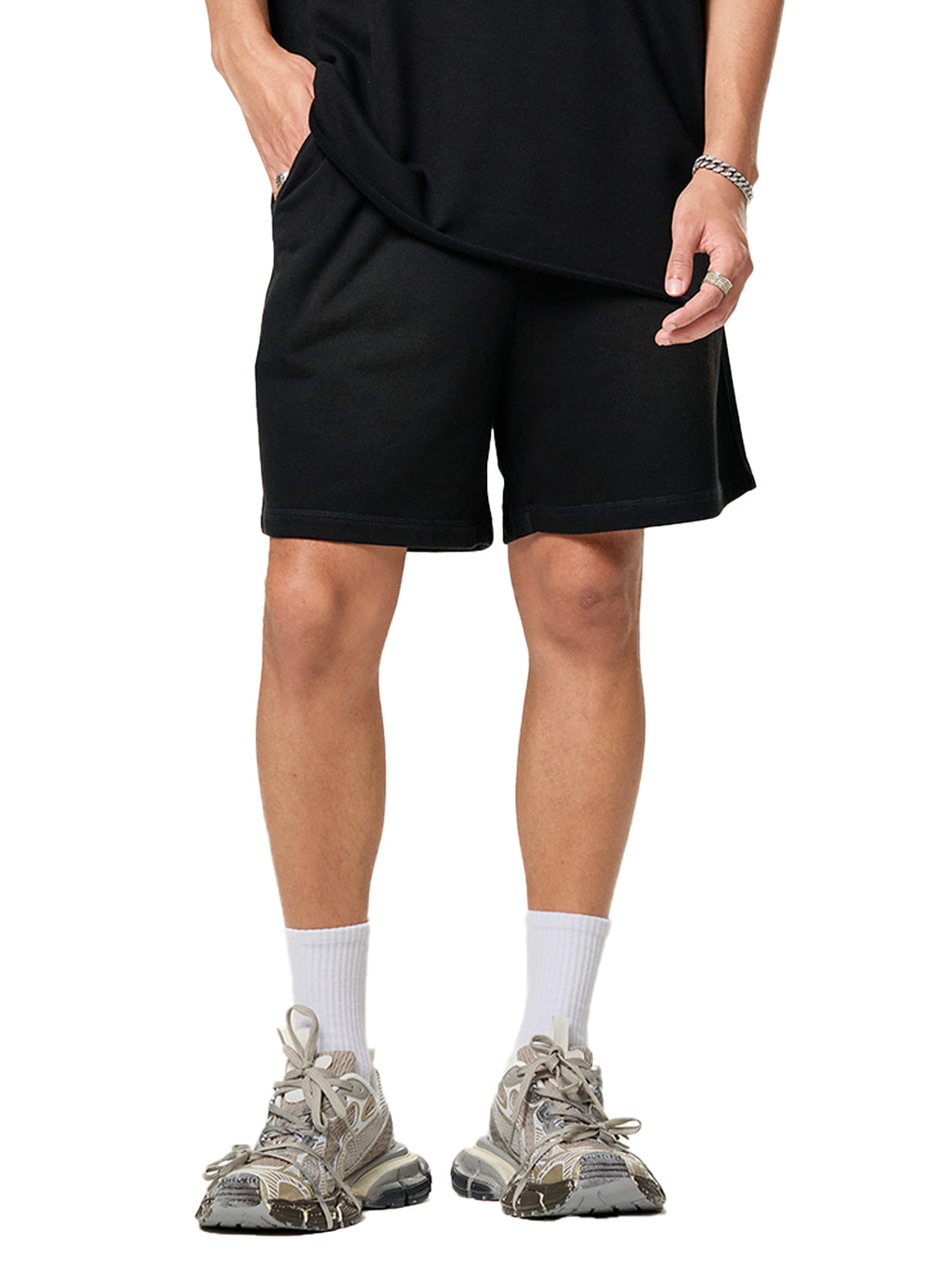 C. Sun Fade Raw Edge Cotton Shorts
